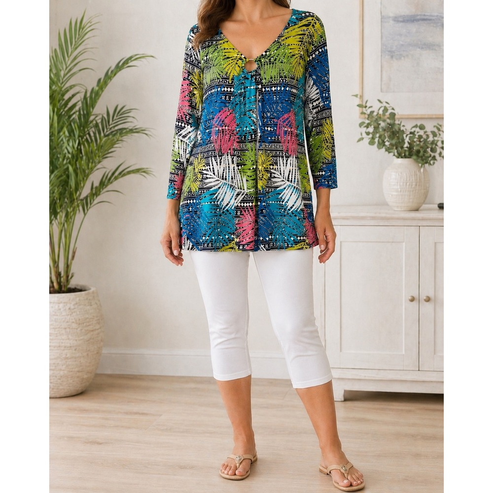 Ruby Rd. Tunic Top Women 2X Multicolor Excellent Tropical Palm O-Ring 3/4 Sleeve